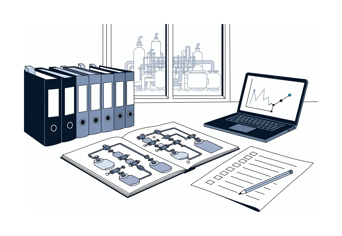 Illustration : bureau de direction de site, classeurs, schémas de procédé, liste de contrôle et ordinateur, installation visible par la fenêtre